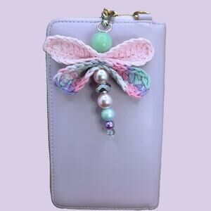 Crochet Winged Dragonfly Bag Charm Handmade Pink Pastel Beaded Purse Keychain